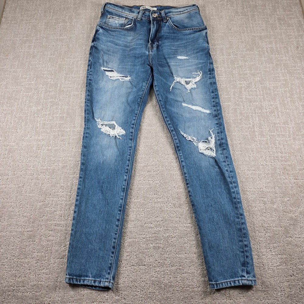 Zara Slim Fit Distressed Ripped Jeans Medium Wash Blue Denim Womens Size 31 Boho